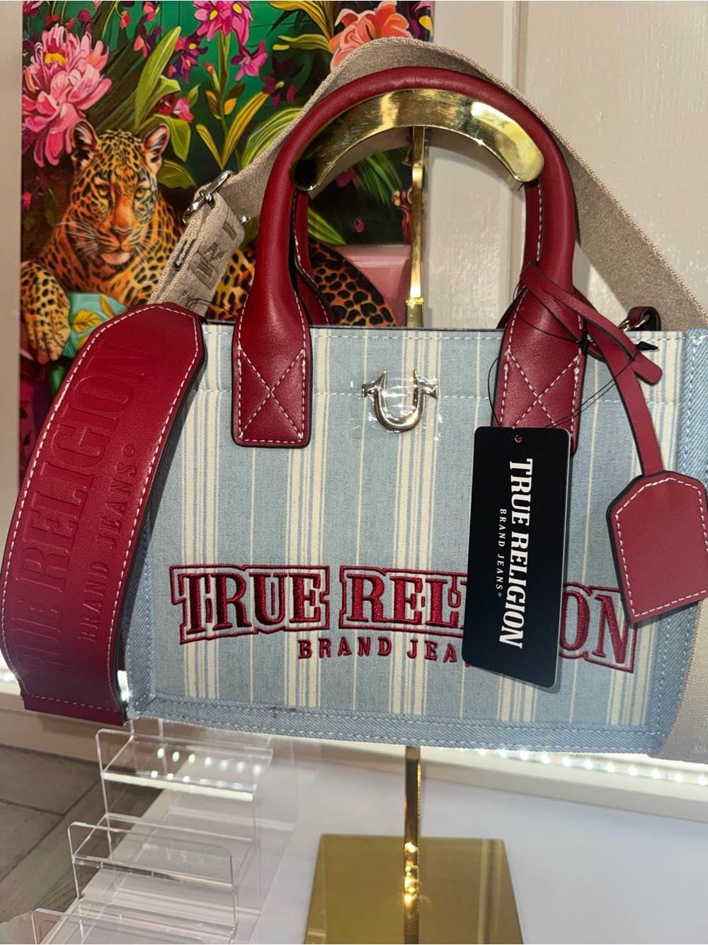 True Religion Denim Stripe Satchel in Light Blue and Red Trim Turn Heads Bag